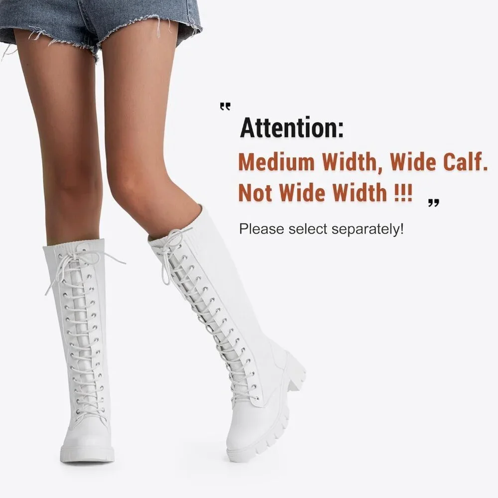 Women's White 953 Chunky Platform Heel Lace Gothic Knee High Combat Boots